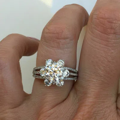 Pre-owned Natsoul Flower Design 2.5ct Diamond Ring Halo Engagement Wedding Silver Bridal Band In White