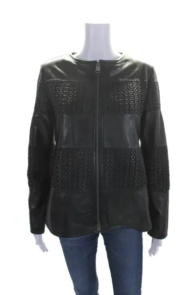 Natto Women's Round Neck Long Sleeves Full Zip Leather Jacket Black