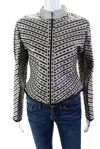 Natto Womens Woven Leather Stripe High Neck Full Zip Jacket Gray Black Medium In Grey