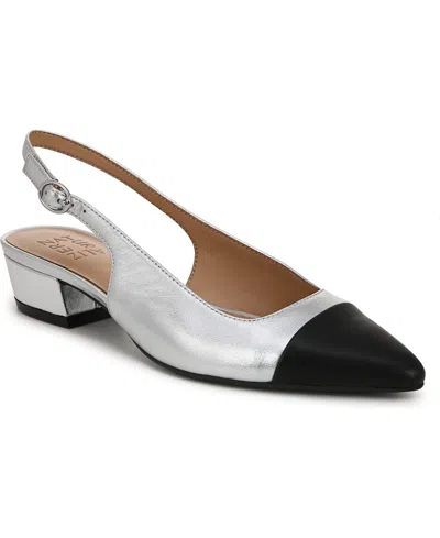 Naturalizer Banks-sling Slingbacks In Silver Leather,black Faux Leather