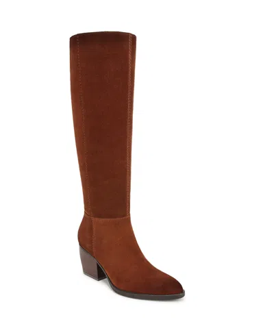 Naturalizer Fae Wide Calf Pointed Toe Knee High Western Boots In Saddle Brown Suede