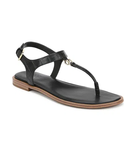 Naturalizer Lizzi T-strap Flat Sandals In Black Croco Embossed Faux Leather