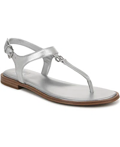 Naturalizer Lizzi T-strap Flat Sandals In Silver Faux Leather