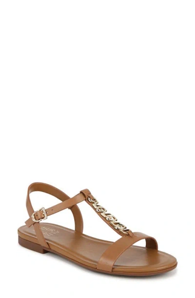 Naturalizer Teach T-strap Flat Sandals In Saddle Tan Leather