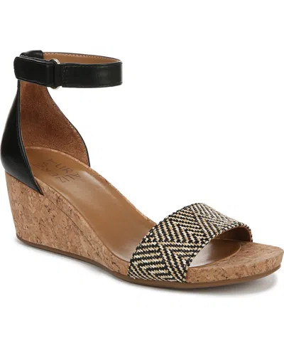 Naturalizer Women's Areda Ankle Strap Wedge Sandals In Black,tan Woven Raffia,faux Leather