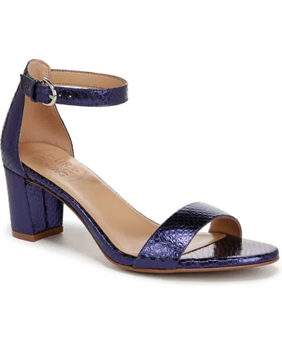 Naturalizer Women's Vera Block Heel Ankle Strap Dress Sandals In Future Dusk Blue Metallic Snake Embossed