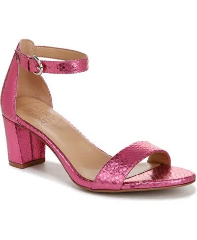Naturalizer Women's Vera Block Heel Ankle Strap Dress Sandals In Pink Metallic Snake Embossed Leather