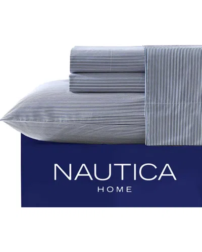 NAUTICA NAUTICA 200 THREAD COUNT PENNY PINSTRIPE 100% COTTON PERCALE SHEET SET