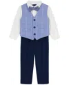 Nautica Baby Boys 4-piece Sharkskin Windowpane Duo Vest With Bow Tie Set In Blue