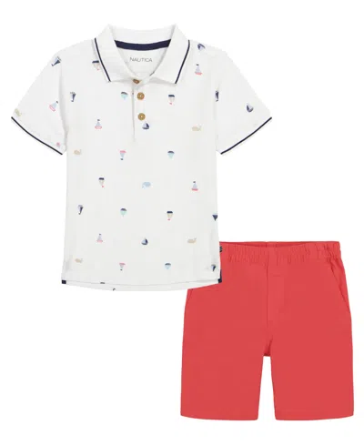 Nautica Baby Boys Printed Pique Polo Shirt And Prewashed Twill Shorts, 2 Piece In White,red