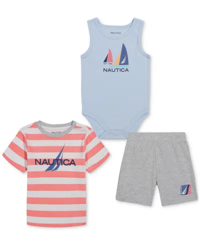 Nautica Baby Boys Sailing Tank Bodysuit, Short-sleeve Striped T-shirt & Shorts, 3 Piece Set In Red