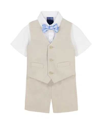 Nautica Baby Boys Shirt, Bowtie, Linen-look Vest & Shorts, 4 Piece Set In Light Khaki