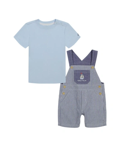 Nautica Baby Boys Short Sleeve T-shirt And Oxford Stripe Shortalls, 2 Piece Set In Blue