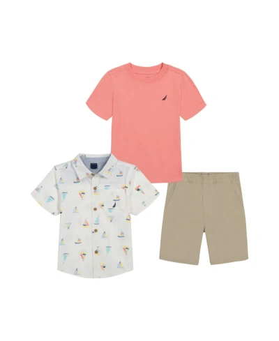 Nautica Baby Boys Short Sleeve T-shirt, Printed Poplin Shirt And Twill Shorts, 3 Piece Set In White