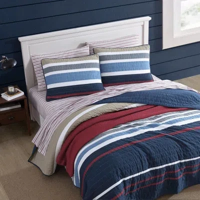Nautica Bradford Cotton Reversible Navy Quilt Set In Red;navy