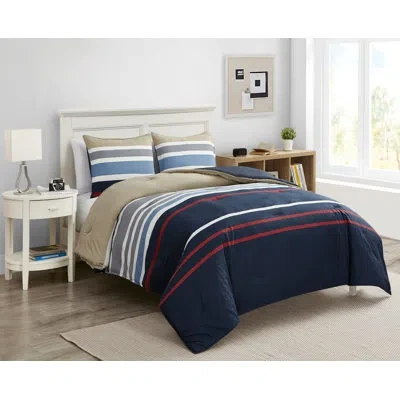 Nautica Bradford Reversible Cotton Navy Comforter Set In Red;navy