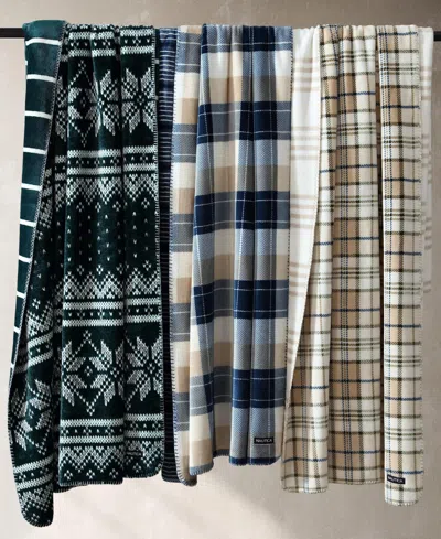 Nautica Brushed Flannel Throw, 70" X 50" In Sea Wheat,fern Green