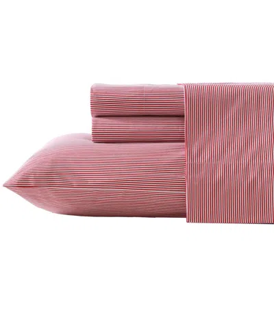 Nautica Closeout!  Cotton Percale 3-piece Sheet Set, Twin Xl In Penny Pinstripe Red