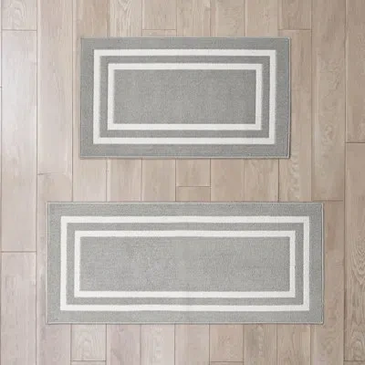 Nautica Double Line Machine Washable All Loop Tufted Rugs In Light Grey,white