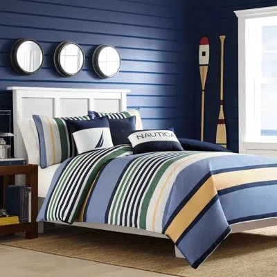 Nautica Dover Cotton Reversible Blue Comforter Set In Blue;navy