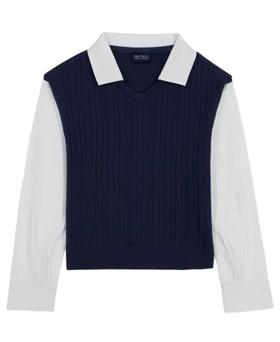 Nautica Kids' Girls' 7-16 Long-sleeve Collared Neck Pull-on Shirt In Blue