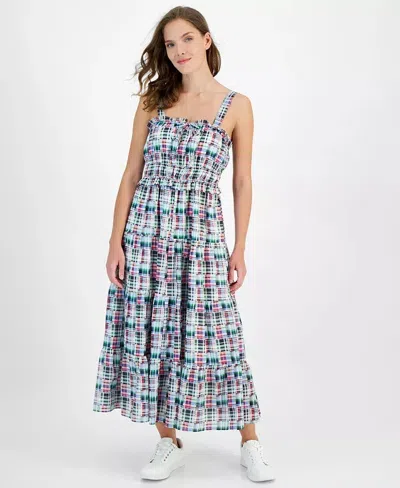 Nautica Jeans Co. Maxi Dress Women's Blue Plaid Square Neck Ruffle Hem Fts1380 In Multi