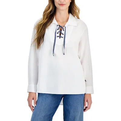 Nautica Jeans Co. Womens Collar Cotton Pullover Top In White