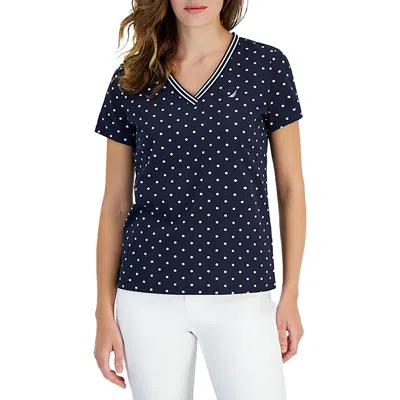 Nautica Jeans Co. Womens Knit Polka Dot Pullover Top In Blue