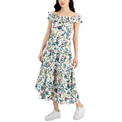 Nautica Jeans Co. Womens Smocked Ruffled Maxi Dress In White