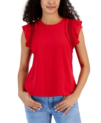 Nautica Jeans Nautica Women's Cotton Round-neck Ruffle Sleeve Top In Bright Red