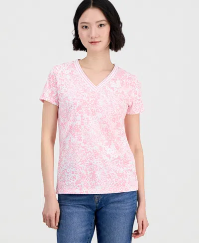 Nautica Jeans Nautica Women's Floral-print Tipped T-shirt In English Rose,bright White
