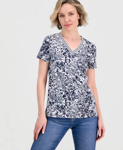 Nautica Jeans Nautica Women's Floral-print Tipped T-shirt In Night Sky,bright White