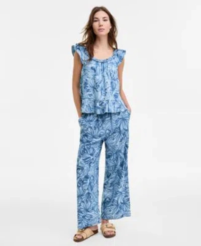 Nautica Jeans Nautica Womens Palm Print Ruffle Shoulder Chambray Top Pants