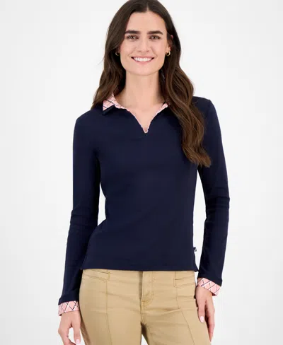 Nautica Jeans Nautical Jeans Women's Double-collar Long-sleeve Top In Blue