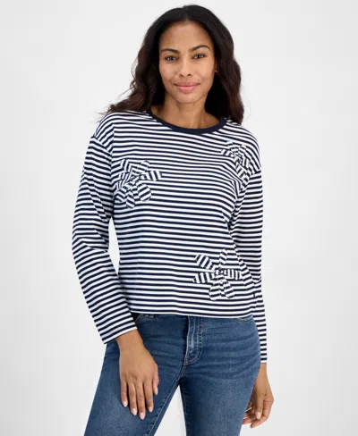 Nautica Jeans Women's Applique-detail Striped Long-sleeve Cotton Top In Night Sky,bright White