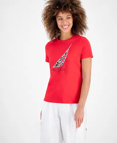 Nautica Jeans Women's Applique Logo T-shirt In Regatta Red