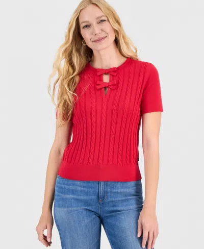 Nautica Jeans Women's Bow Cable-knit Short-sleeve Sweater In Red