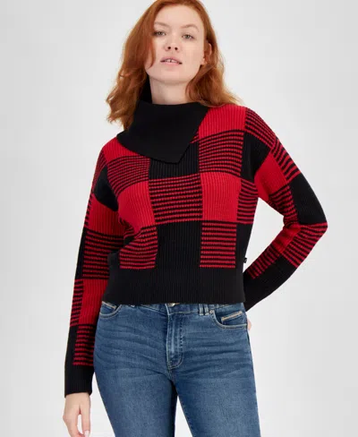 Nautica Jeans Women's Buffalo-check Drop-shoulder Sweater In Black Haute Red