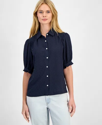 Nautica Jeans Women's Checked Short-sleeve Smocked Blouse In Blue