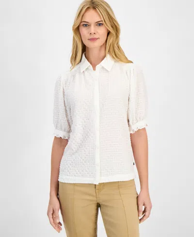 Nautica Jeans Women's Checked Short-sleeve Smocked Blouse In White