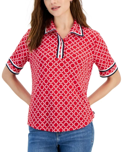 Nautica Jeans Women's Circle-link Short-sleeve Polo Top In Bright Red