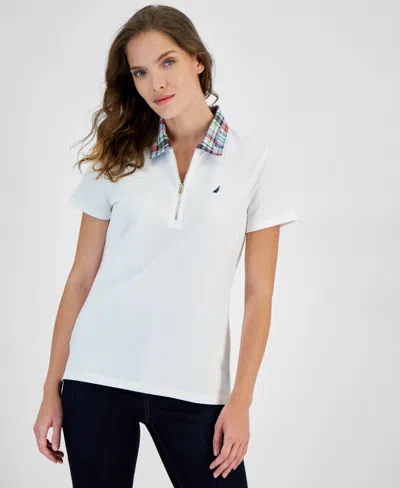 Nautica Jeans Women's Contrast-collar Polo Short-sleeve Top In Brt White