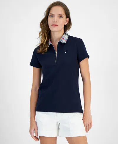 Nautica Jeans Women's Contrast-collar Polo Short-sleeve Top In Night Sky