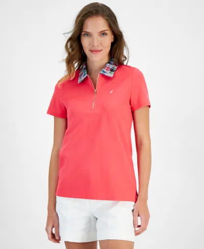 Nautica Jeans Women's Contrast-collar Polo Short-sleeve Top In Rouge