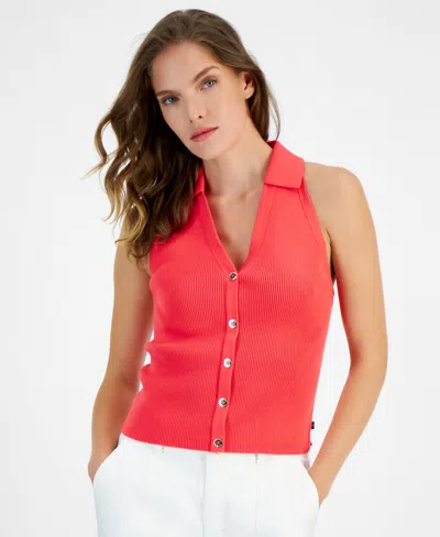 Nautica Jeans Women's Cotton Button-front Sleeveless Sweater In Rouge