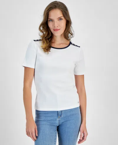 Nautica Jeans Women's Cotton Button-trim Short-sleeve T-shirt In Brt White