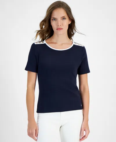 Nautica Jeans Women's Cotton Button-trim Short-sleeve T-shirt In Night Sky