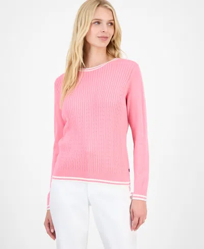 Nautica Jeans Women's Cotton Cable Knit Crewneck Sweater In Pink