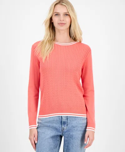 Nautica Jeans Women's Cotton Cable Knit Crewneck Sweater In Red