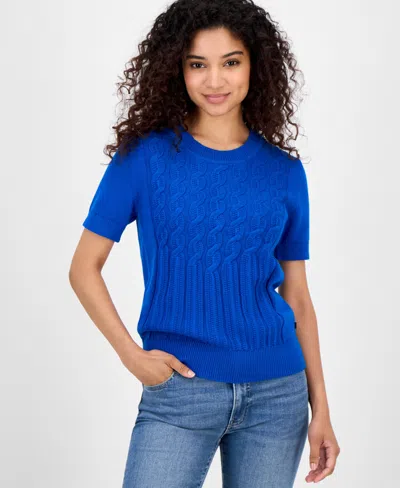 Nautica Jeans Women's Cotton Cable-knit Short-sleeve Sweater In Blue